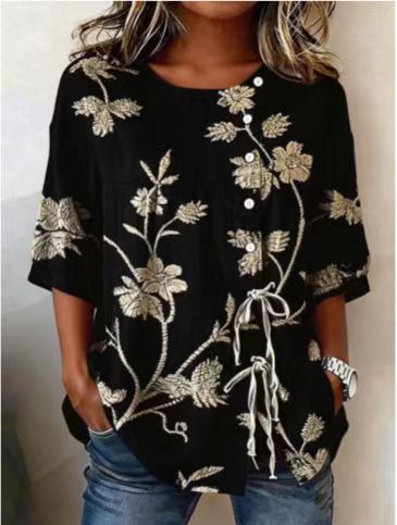 Ladies casual digital print lace-up shirt m302711