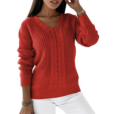 Pullover Damen Langarm V-Ausschnitt Einfarbig Twist Lässiger Strickpullover M300487 