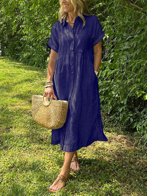 Loose large size striped short-sleeved shirt dress women's summer new casual cotton and linen medium and long skirt m302066