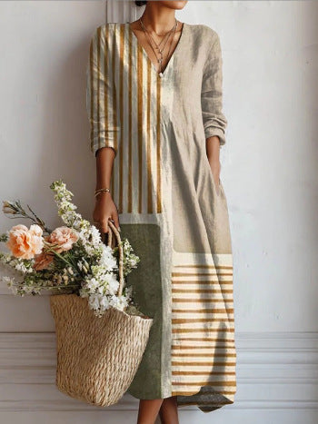 Women's loose V-neck fashion high-end long-sleeved printed collar dress m302766