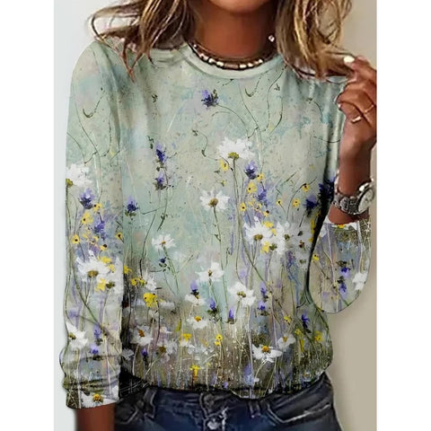 Langarm T-Shirt Damen Einfarbig Blume m300934 