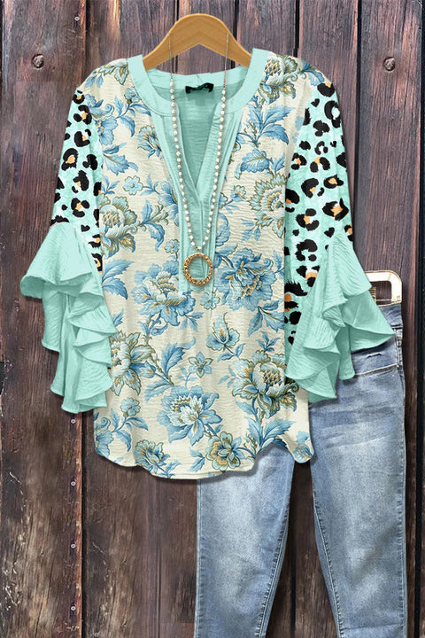 Digital printing casual trend V-neck lotus edge T-shirt women's m302725-1