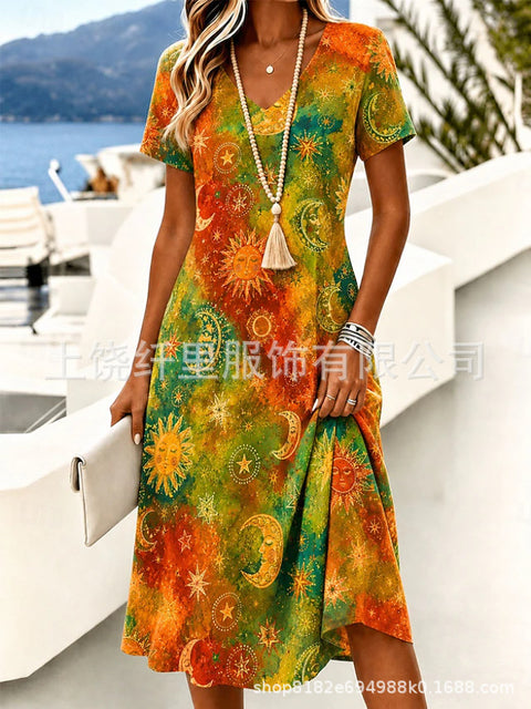Printed women's v-neck short-sleeved temperament fashion dress m303046