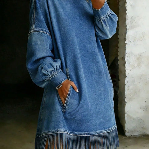 Loose long-sleeved denim dress fringed FF303450