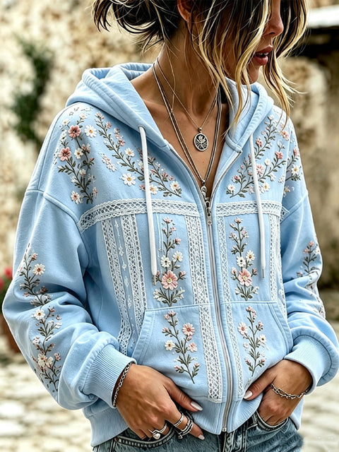 Sequin floral elements 3D digital printing loose casual hooded sweater m303215