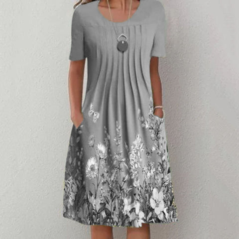 Spring/Summer Floral Print Crew Neck Pocket Medium Length Dress m300905