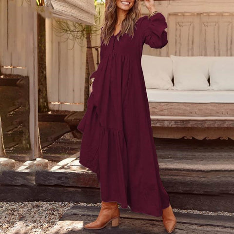 Knopf Baumwolle und Leinen Retro lässig Langarmkleid große Schaukel langes Kleid mehrfarbig m301374 