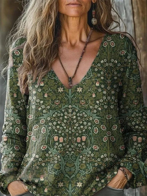 Casual V-Neck Long Sleeve Pullover Digital Printing Women's Upper T-Shirt FF303120