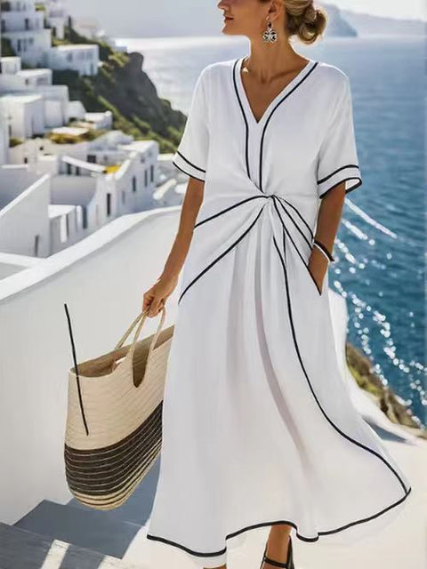 V-neck women's fashion elegance commuter ladies printed striped dress print ladies print ladies m302355