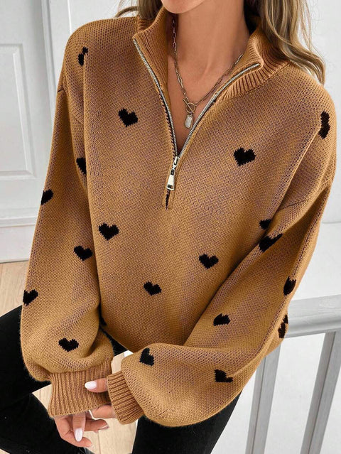 Foreign trade knitted long-sleeved love pattern zipper sweater FF303299