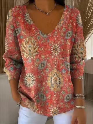 Shoulder V-neck long-sleeved autumn leaf 3D digital printing women's top FF303401