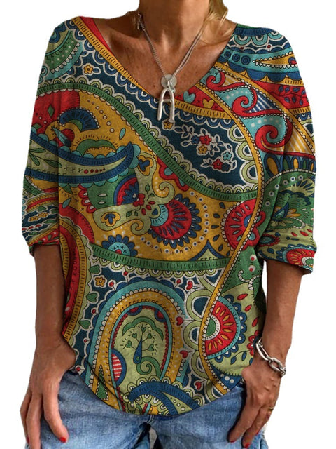 Casual V-neck long-sleeved loose pullover ethnic digital printing women's T-shirt m300607