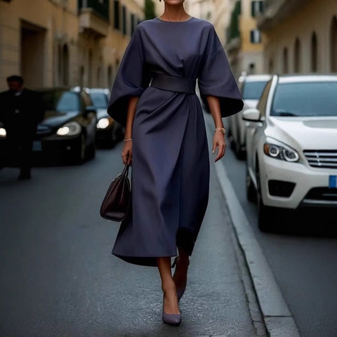 Mode Temperament elegante einfarbige Taille Kleid lässig Fledermaus Ärmel langes Kleid m301326 