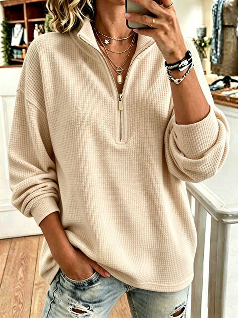 Waffle sweater lazy style half turtleneck half zipper loose long sleeve top FF303324