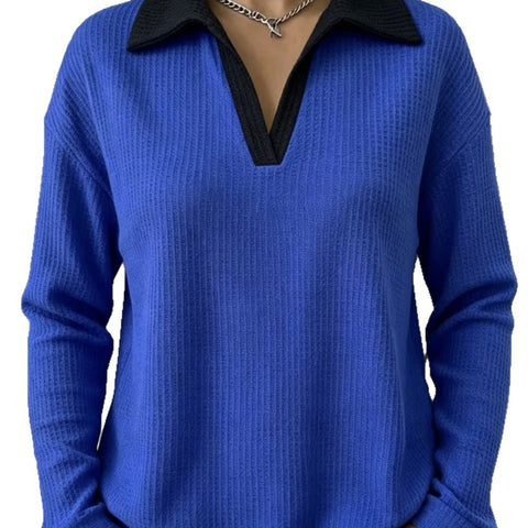 Waffle Contrast Long Sleeve Polo Top Women's m303233