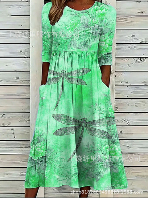 3D printed crew neck floral art holiday dress m303038