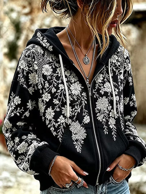 Sequin floral elements 3D digital printing loose casual hooded sweater m303215