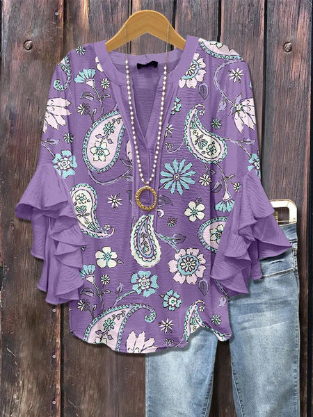 Creative floral element printing digital printing casual trend V-neck lotus edge horn T-shirt m302747