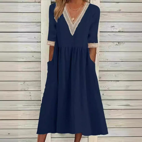 Loose cotton linen lace V-neck half sleeve mid length dress m300048