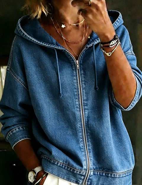 Water hooded cardigan micro-elastic blended cotton zipper sweater jacket loose top FF303276