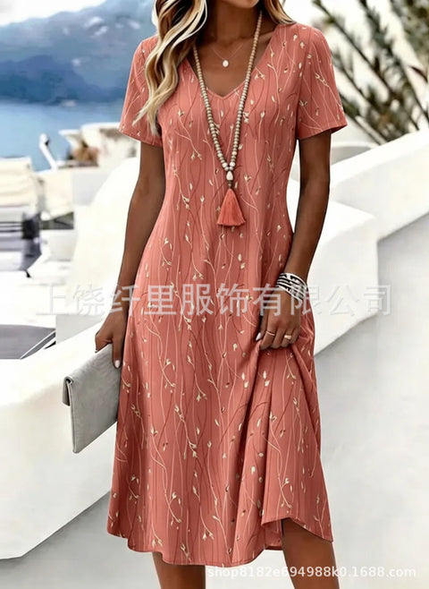 Printed women's v-neck short-sleeved temperament fashion dress m303046