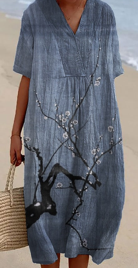 Large size women's shirt short-sleeved dress floral seaside vacation dress m302744