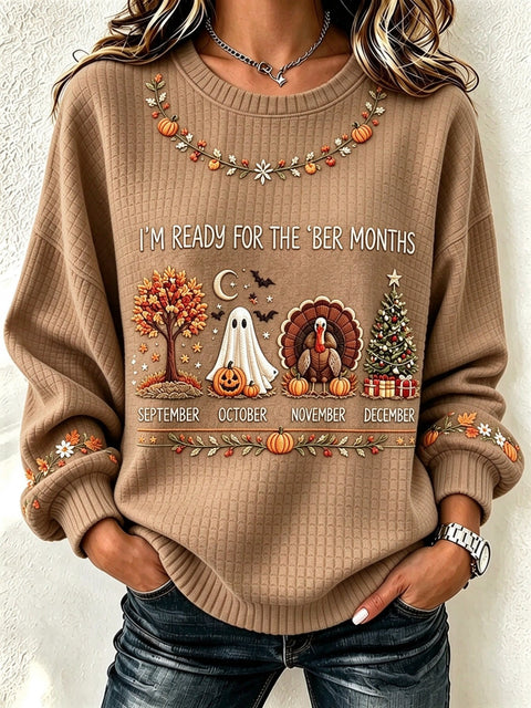 Halloween Waffle Print Crew Neck Long Sleeve Casual Pullover Sweater FF303495