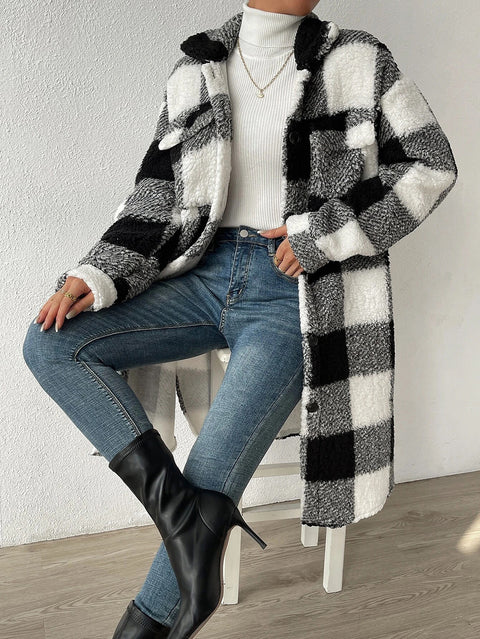 Offene Revers-Plüsch-Karojacke mit lockerem Temperament, Pendler-Langmantel für Damen m300360 