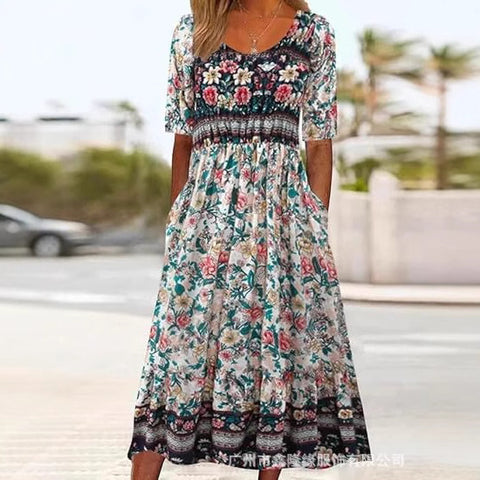 Damen Casual Rundhals Pullover Kurzarm 3D Druck Plissee Taille Swing Langes Kleid m301299 
