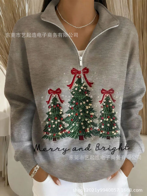 Creative Christmas Pattern Women's Long Sleeve Stand-Up Collar Half Zip Sweater m302109