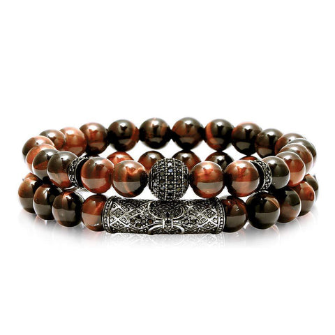Elastisches Armband aus Tigerauge-Kupfer mit Mikroeinlage, schwarzer, matter Zirkonia, m3331288