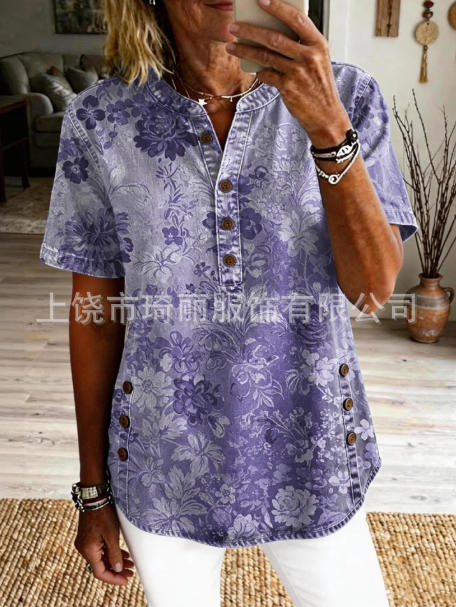Women's Floral Print V-Neck Casual Women's Short Sleeve Top FF303332