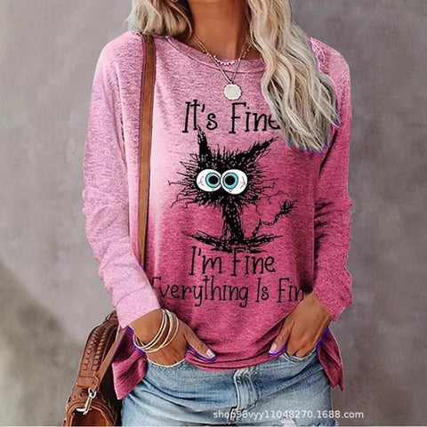 Pet cat gradual change color 3D printing long sleeve T-shirt round neck T-shirt m302928