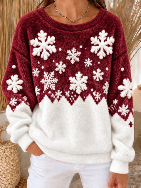 Snowflake print crew neck long-sleeved casual pullover flannel sweater FF303422