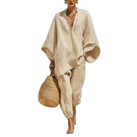 Women's casual style design bat sleeve V-neck lazy loose set m302386