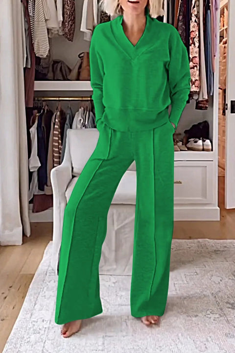 Ensemble deux pièces haut ample à manches longues et col en V et pantalon large m301327 