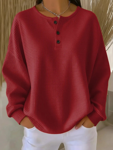 Crew neck waffle solid color pullover loose top FF303285