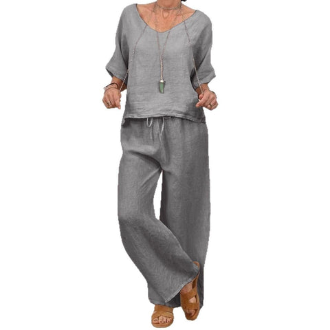 Lässiger V-Ausschnitt-Pullover mit Fünfviertelärmeln und Hose, mehrfarbig, zweiteiliges Damen-Set m301430 
