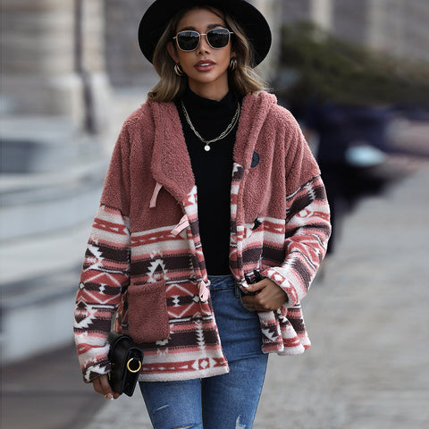Hooded long-sleeved geometric horn buckle medium and long double-sided Austrian fleece jacket m300395