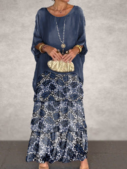 Fashion women's temperament round neck bat sleeve long dress m301334