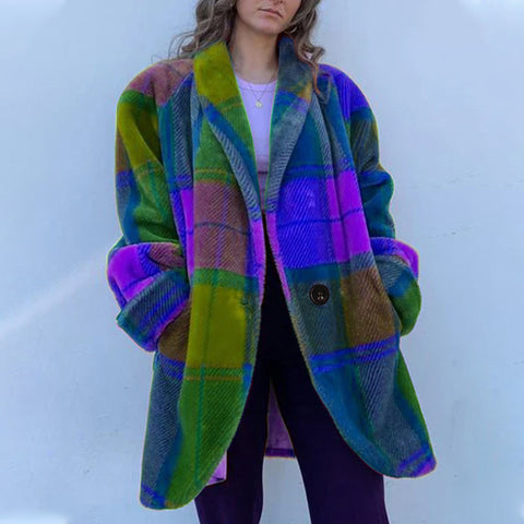 Langärmlige Revers-Farben-Matching-Jacke bedruckter Woll-Langmantel m300585 