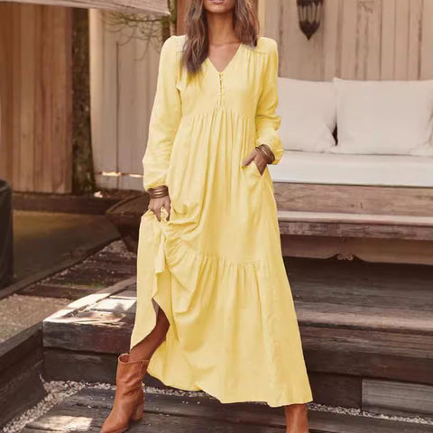 Knopf Baumwolle und Leinen Retro lässig Langarmkleid große Schaukel langes Kleid mehrfarbig m301374 