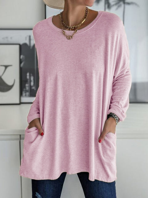 Rundhalsausschnitt Langarm lose Tasche einfarbig T-Shirt lässig Damenbekleidung m301315 