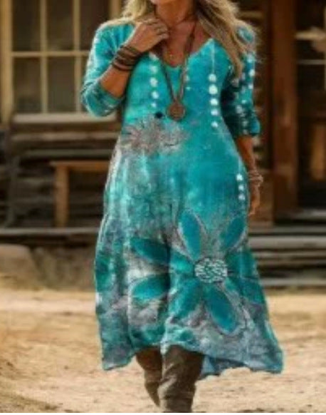 Women's loose V-neck fashion high-end long-sleeved printed collar dress m302766