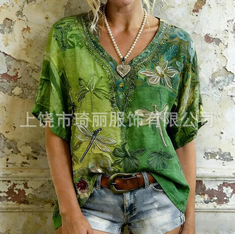 Imitation hemp V-neck shoulder-down short-sleeved top women's FF303345