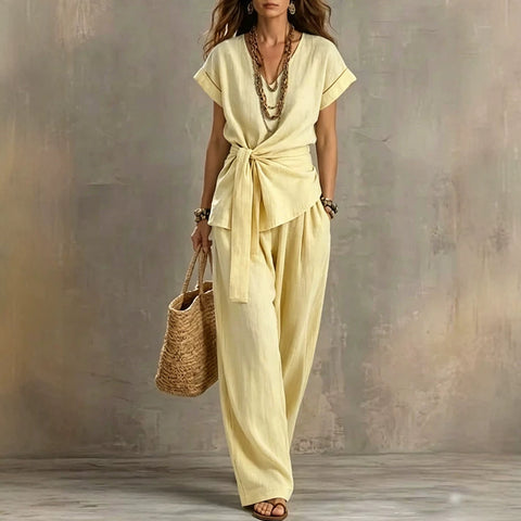 Casual V-neck pullover short-sleeved trousers washed cotton set m303163