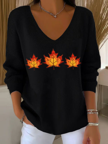 Shoulder V-neck long-sleeved autumn leaf 3D digital printing women's top FF303401