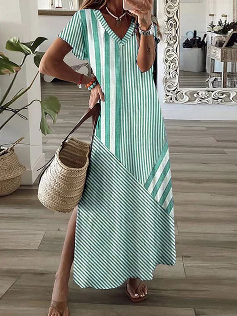 Robe fendue à col en V et imprimé à rayures positionnées m301462 