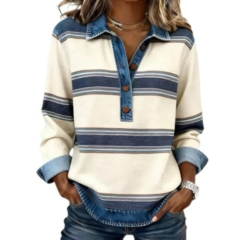 Women's loose top long-sleeved lapel pullover digital printing color matching casual sweater FF303434