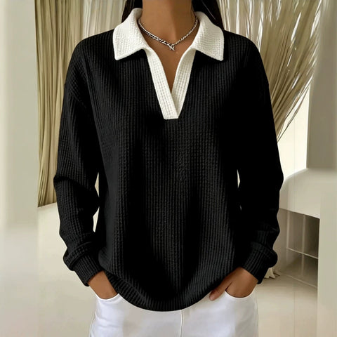 Waffle Contrast Long Sleeve Polo Top Women's m303233